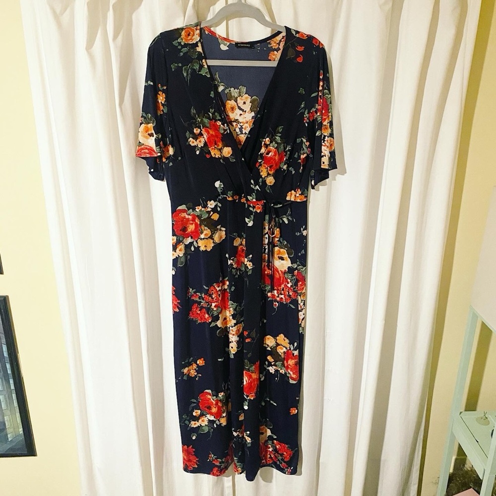 & Harmony Navy/Red Floral Faux Wrap Maxi Dress, Size 3X
